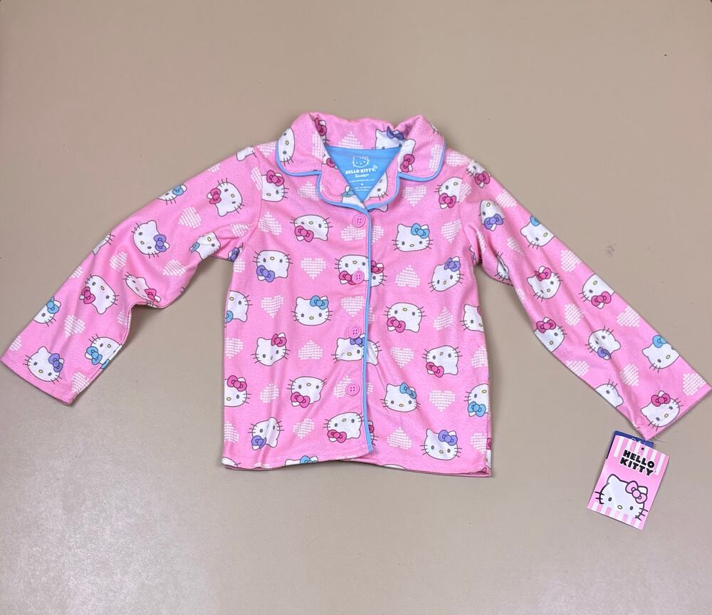 Girls Hello Kitty Pajama Top Size 4 Pink Hearts Button Front Sleep Shirt NWT